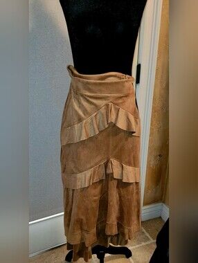 BEBE Esmerald Western Boho Vintage Suede Asymmetrical Camel Tan Skirt. Vintage S